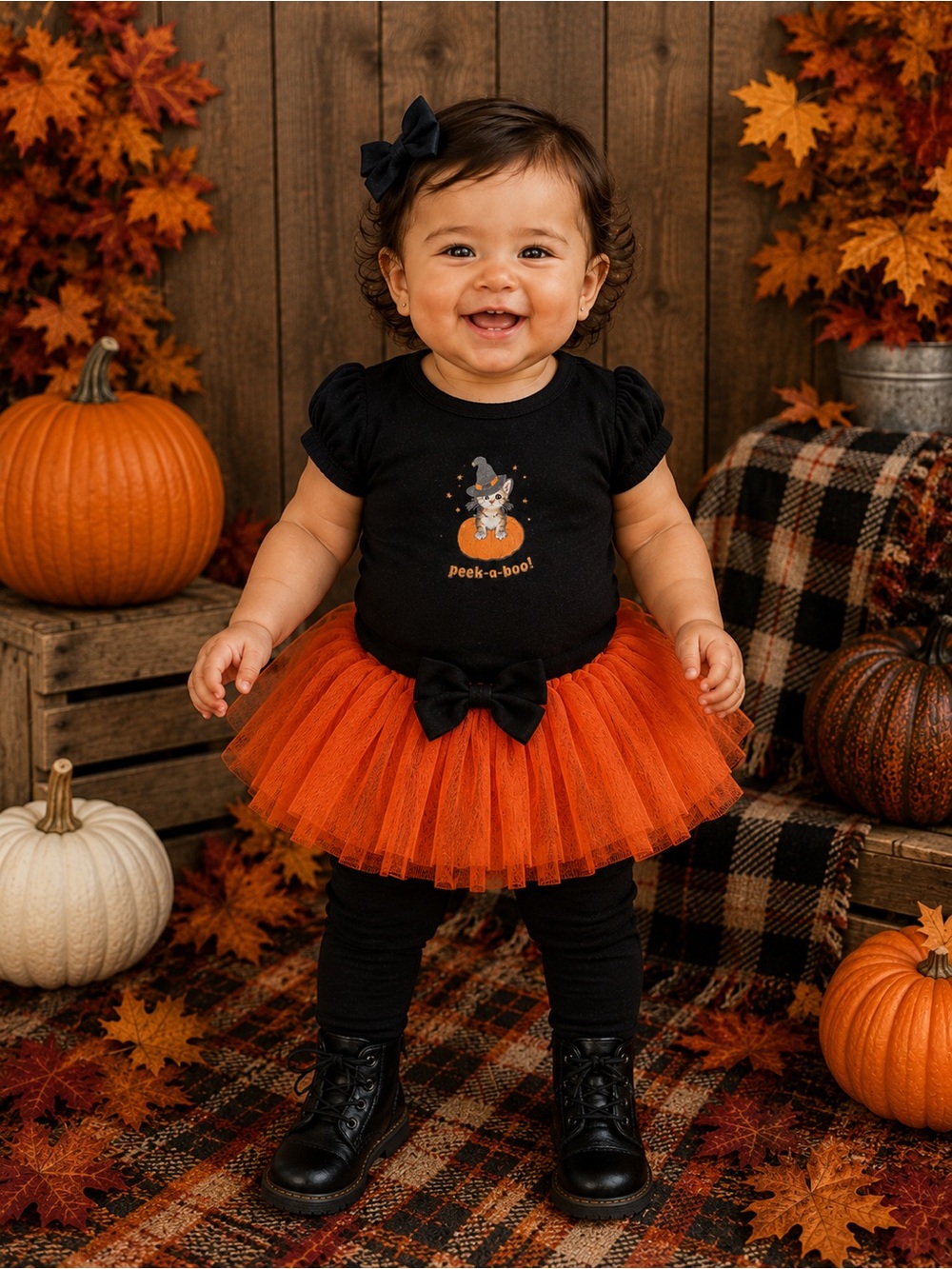 18M Black Halloween Kitten Pumpkin “Peek-a-Boo!” Puff Sleeve Shirt